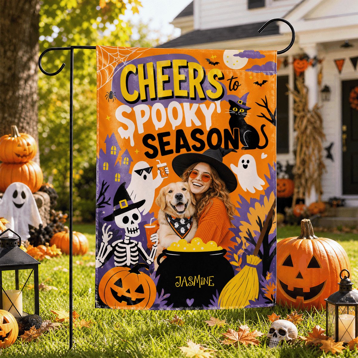 Personalized Cheers To Spooky Season Custom Photo Dog Witch Double Sided Outdoor Garden Flag Custom Name Yard Banner