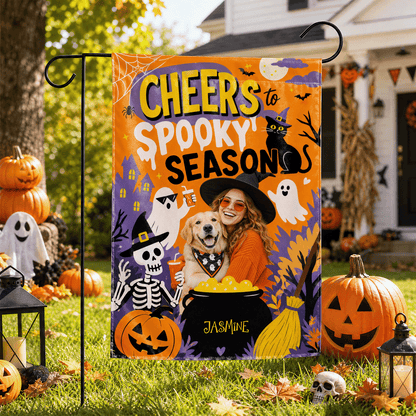 Personalized Cheers To Spooky Season Custom Photo Dog Witch Double Sided Outdoor Garden Flag Custom Name Yard Banner