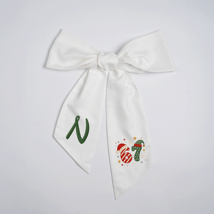 Custom Monogram Christmas 67 Santa Elf Hat Embroidered Linen Door Wreath Sash, Personalized Wreath Sash & Front Door Decor