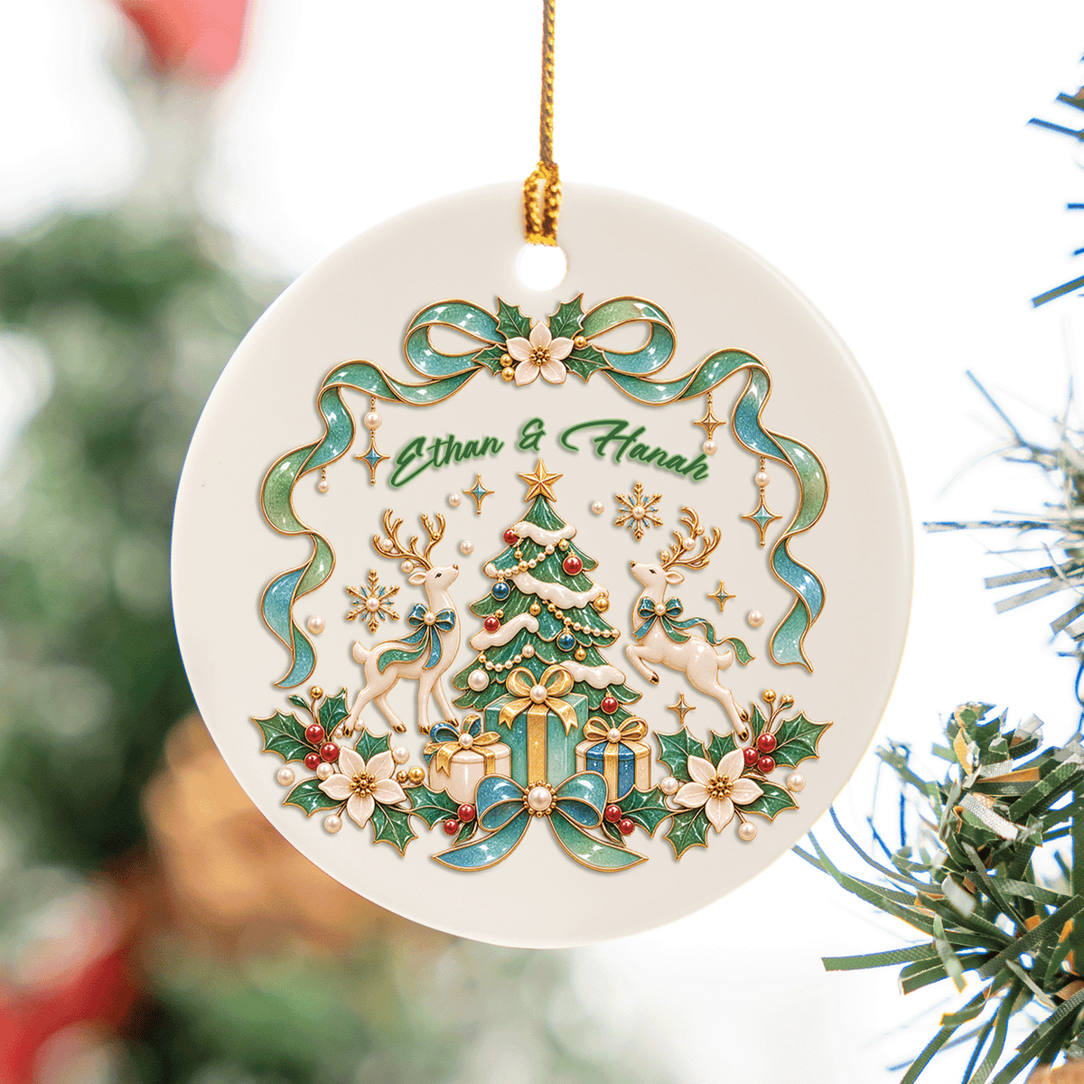 Personalized Reindeer Christmas Tree Ceramic Round Ornament, Custom Name Elegant Xmas Tree Hanging Decor Keepsake, Romantic Couple Holiday Gift