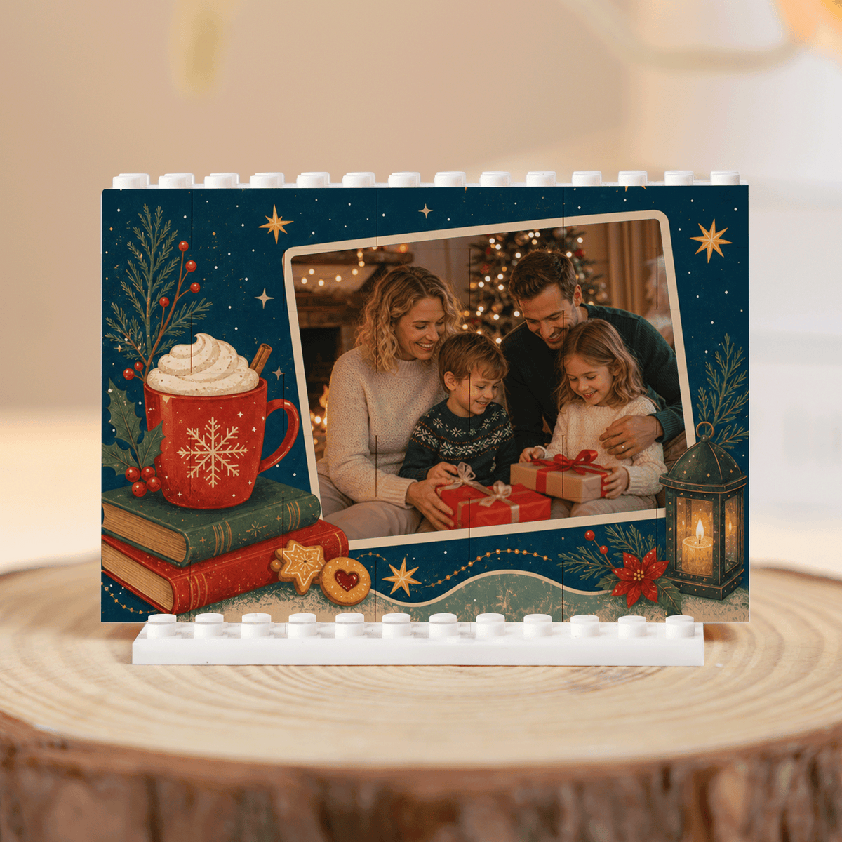 Personalized Photo Christmas Building Block in Midnight Blue, Custom Family Picture Hot Cocoa Mug & Candle Lantern Brick Puzzle Keepsake Decor, Festive Holiday Desk Gift