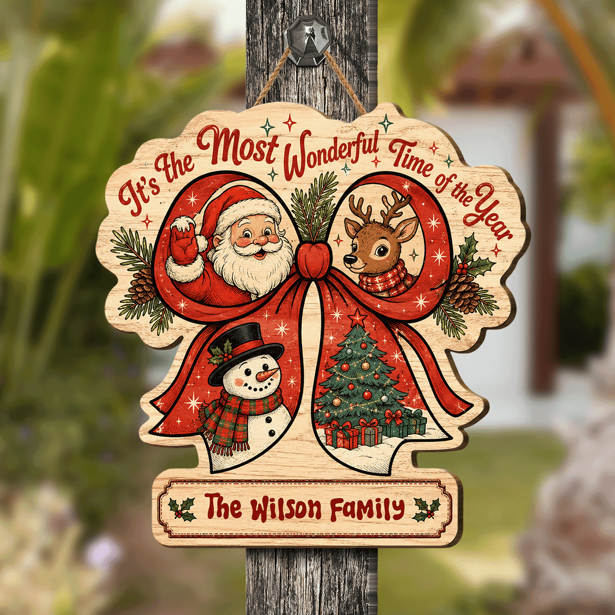 Personalized Christmas Ribbon Wreath Santa Reindeer Snowman Custom Shape Wood Sign, Custom Family Name It's The Most Wonderful Time Of The Year Wooden Hanging Decor, Holiday Door & Wall Decor Family Gift