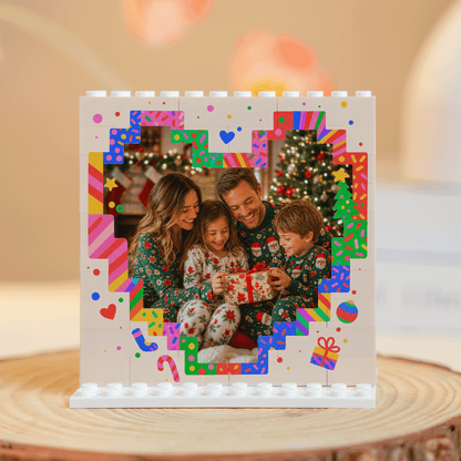 Personalized Photo Christmas Building Block in White, Custom Family Picture Pixel Heart & Colorful Confetti Brick Puzzle Keepsake Decor, Festive Holiday Desk Gift