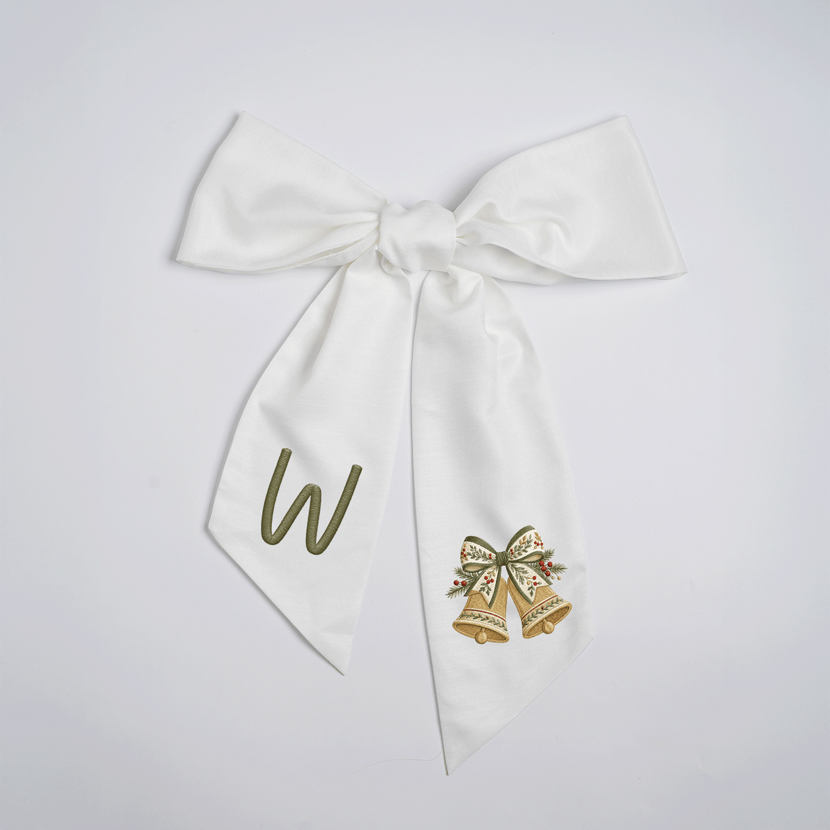 Personalized Monogram Golden Christmas Bells Embroidered Linen Door Wreath Sash, Custom Initial Holiday Wreath Bow Sash Decor, Festive Front Door Home Accessories