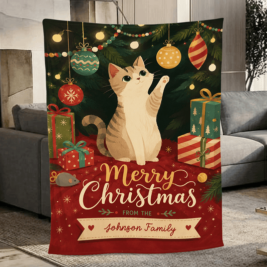 Personalized Merry Christmas Cat Blanket, Custom Family Name Cute Kitten Under Tree Holiday Fleece Throw Blanket, Cat Lovers Christmas Gift