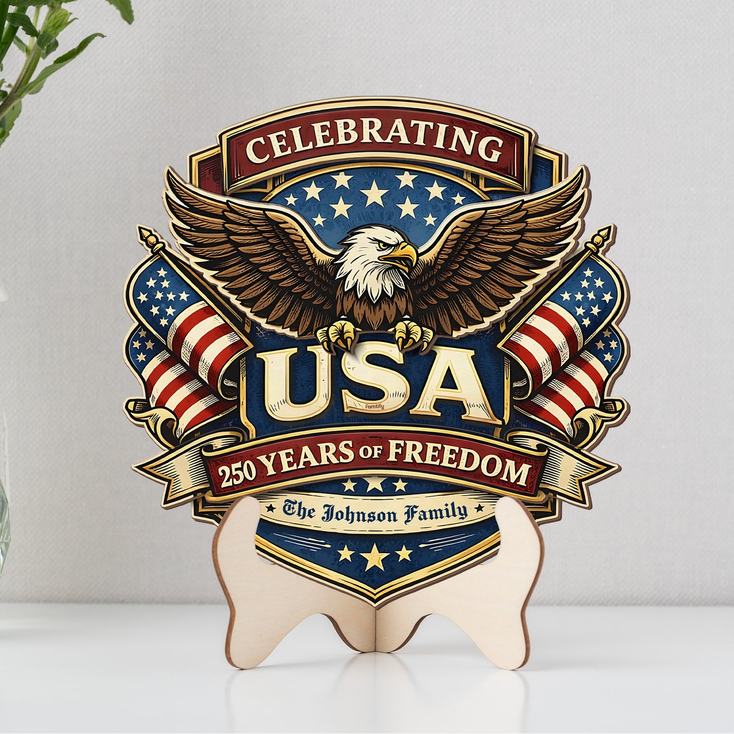 Personalized USA 250 Years of Freedom 2-Layer Wood Sign – Patriotic Eagle 1776–2026 Independence Anniversary Door Decor