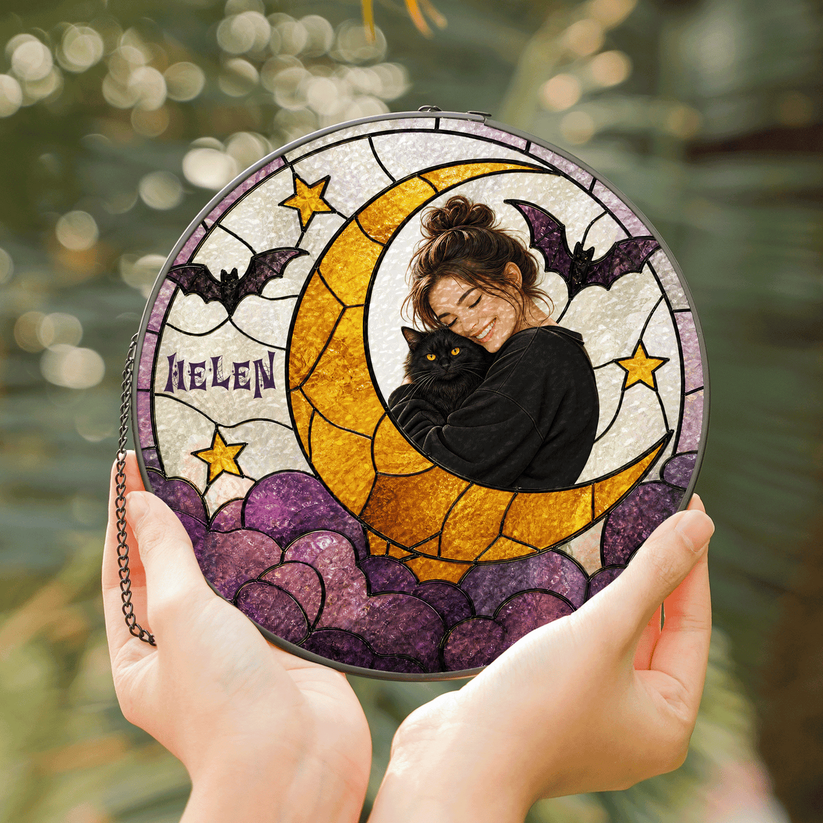 Personalized Halloween Crescent Moon Pet Custom Photo Bat Stained Glass Suncatcher Window Hanging Custom Name Home Wall Decor
