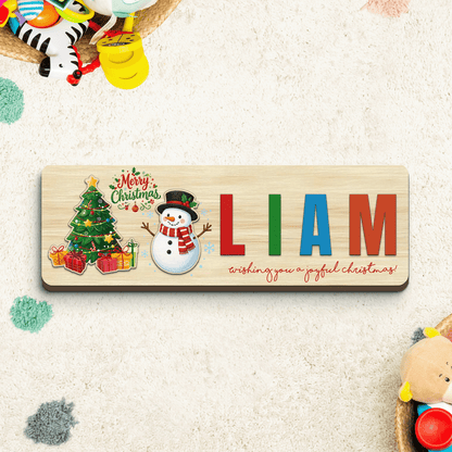Personalized Christmas Snowman Wooden Puzzle Board - Custom Kids Holiday Learning Toy & Nursery Decor