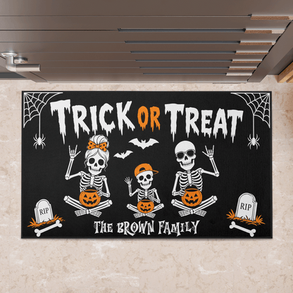 Personalized Halloween Skeleton Family Trick Or Treat Doormat Custom Family Name Entrance Floor Mat