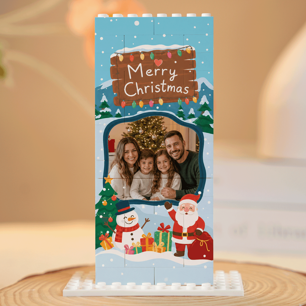 Personalized Photo Christmas Building Block in Light Blue, Custom Family Picture Wooden Signboard Santa & Snowman Brick Puzzle Keepsake Decor, Festive Holiday Desk Gift