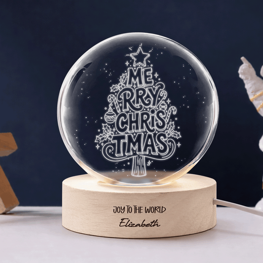 Custom Merry Christmas Typography Tree 3D Laser Engraved Crystal Ball with LED Wooden Standee, Personalized Name Holiday Night Light Keepsake