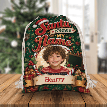 Personalized Santa Knows My Name Christmas Sack, Custom Name Santa Gift Bag