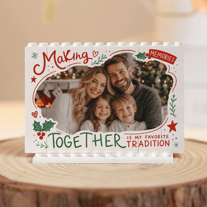 Personalized Photo Christmas Building Block in White Shiplap, Custom Family Picture "Making Memories Together Is My Favorite Tradition" Brick Puzzle Keepsake Decor, Festive Holiday Desk Gift