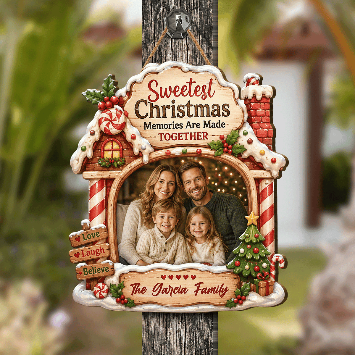 Personalized Sweetest Christmas Memories Photo Custom Shape Wood Sign, Custom Family Picture Name Gingerbread House Wooden Hanging Plaque, Festive Holiday Door & Wall Decor Family Gift