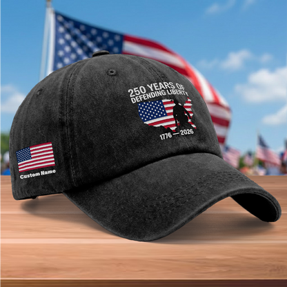 250 Years of Defending Liberty 1776-2026 Embroidered Washed Denim Baseball Cap – Custom Name Patriotic USA Military Anniversary Hat