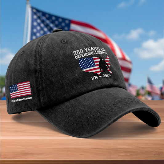 250 Years of Defending Liberty 1776-2026 Embroidered Washed Denim Baseball Cap – Custom Name Patriotic USA Military Anniversary Hat