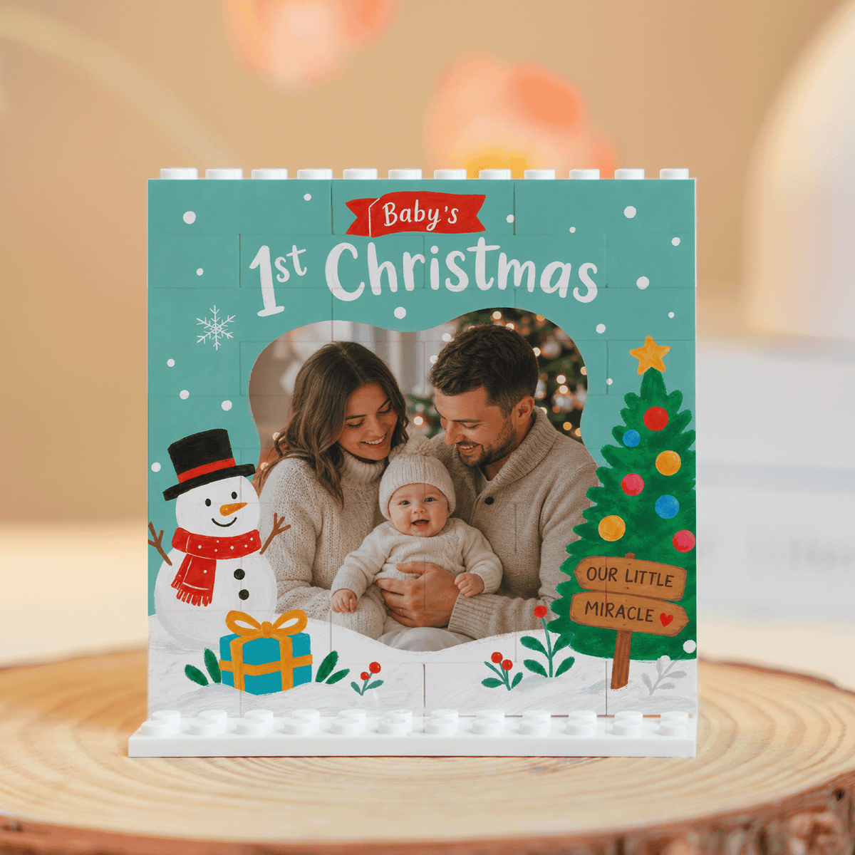 Personalized Photo Christmas Building Block in Mint Green, Custom Baby First Christmas Photo Cute Snowman & Christmas Tree Brick Puzzle Keepsake Decor, Holiday Gift for New Parents