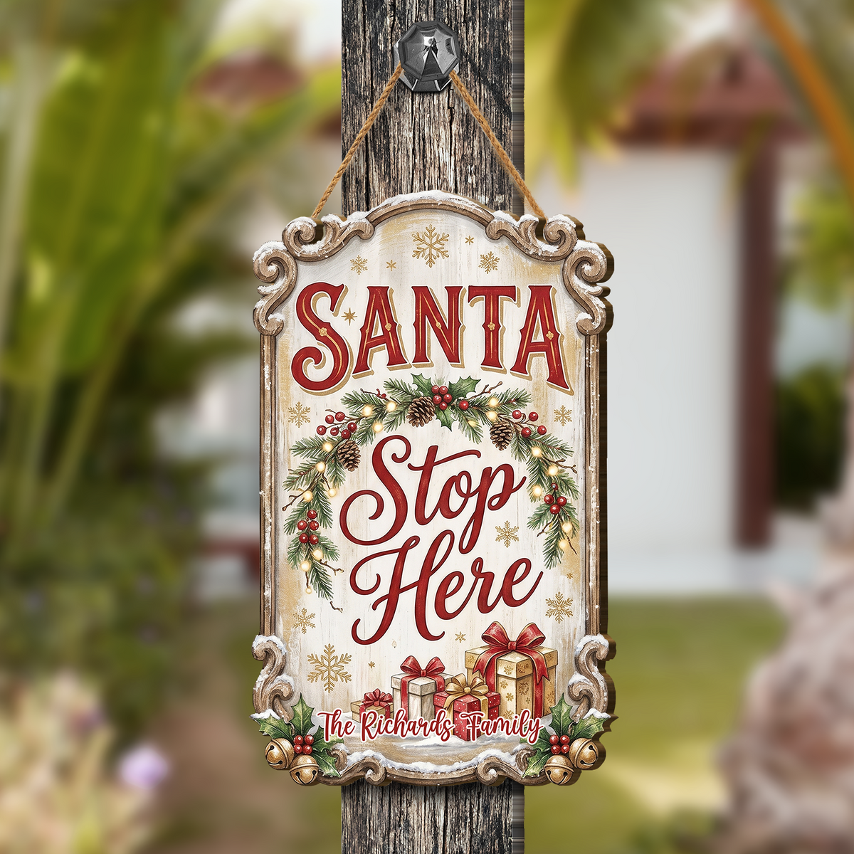 Personalized Vintage Scroll Santa Stop Here Custom Shape Wood Sign, Custom Family Name Christmas Pine Wreath Wooden Hanging Plaque, Festive Holiday Door & Wall Decor Family Gift