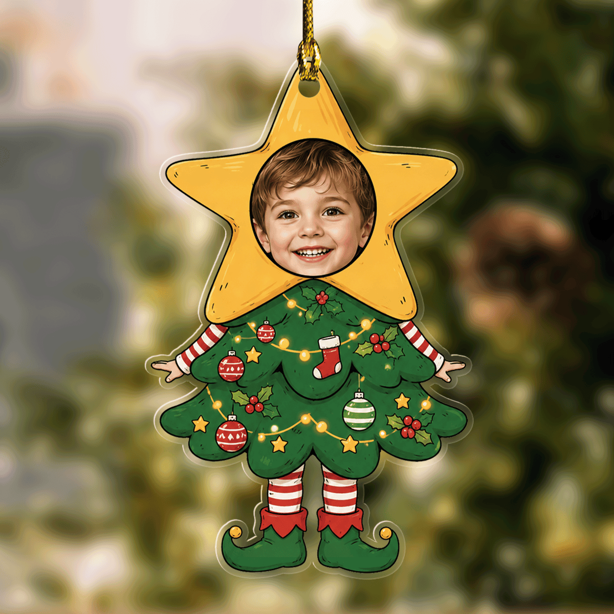 Acrylic ornament of a child's face in a yellow star topper on a decorated Christmas tree costume with elf legs