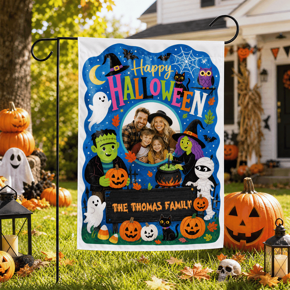 Personalized Happy Halloween Custom Family Photo Frankenstein Witch Mummy Double Sided Outdoor Garden Flag Custom Name Yard Banner
