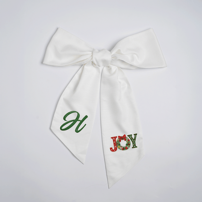 Custom Letter Christmas Joy Wreath Embroidered Linen Wreath Sash, Personalized Monogram Holiday Bow Sash for Door Decor
