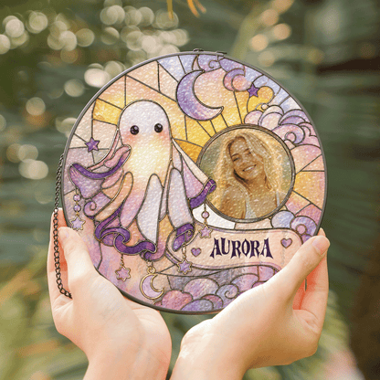 Personalized Halloween Cute Ghost Octopus Custom Photo Crescent Moon Stained Glass Suncatcher Window Hanging Custom Name Home Wall Decor