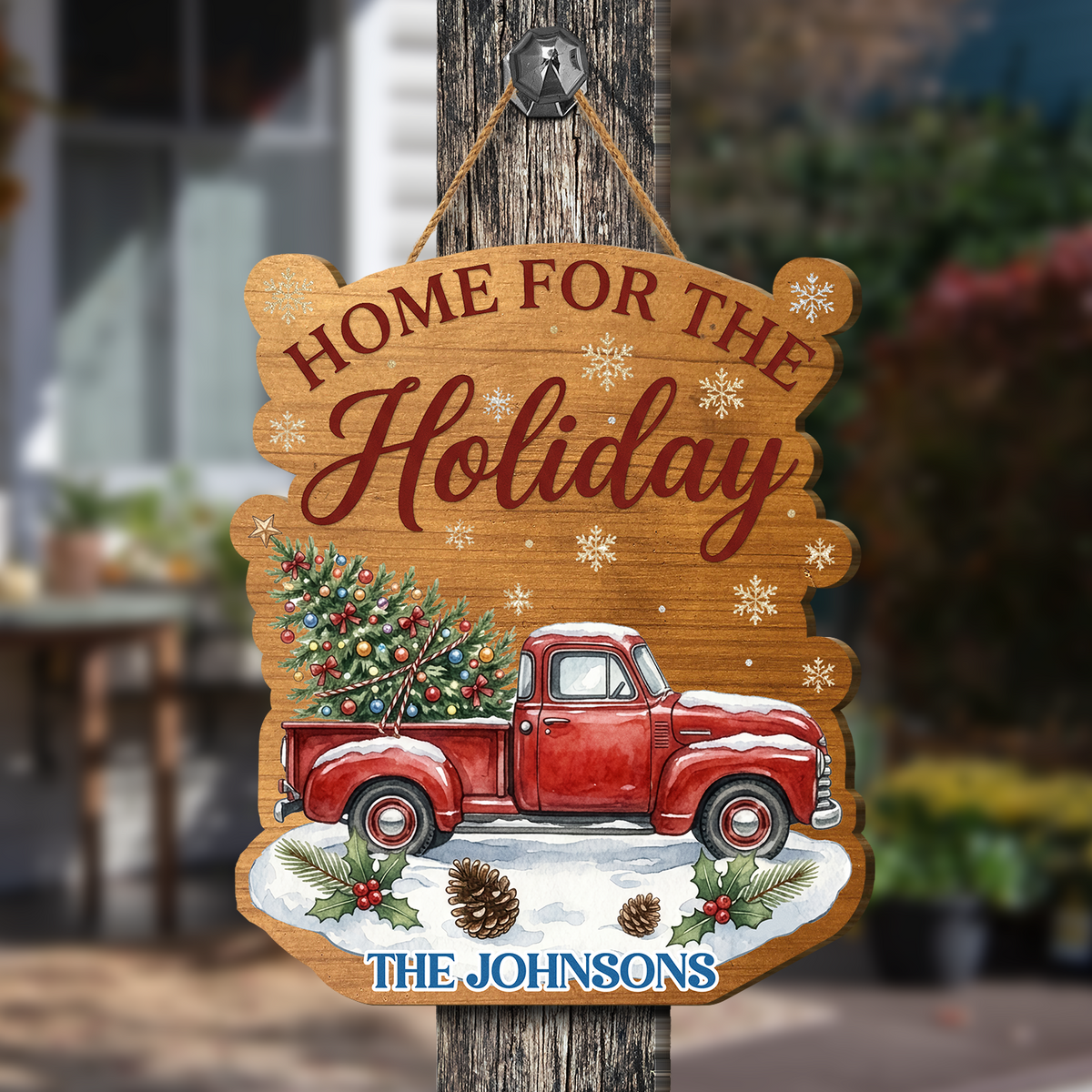 Personalized Red Truck Custom Shape Wood Sign, Custom Family Name Home For The Holiday Vintage Wooden Hanging Plaque, Festive Christmas Door & Wall Decor Family Gift