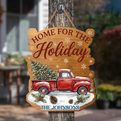 Personalized Red Truck Custom Shape Wood Sign, Custom Family Name Home For The Holiday Vintage Wooden Hanging Plaque, Festive Christmas Door & Wall Decor Family Gift