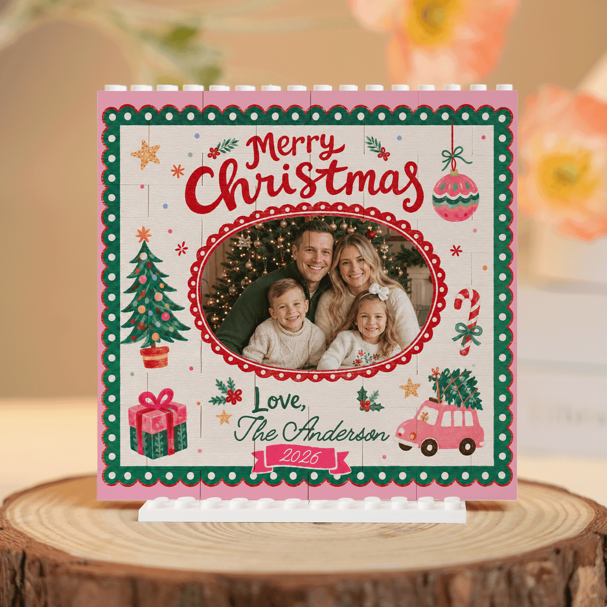 Personalized Photo Christmas Building Block in Pink Polka Dot Frame, Custom Family Name & Year Vintage Car Brick Puzzle Keepsake Decor, Festive Holiday Desk Gift