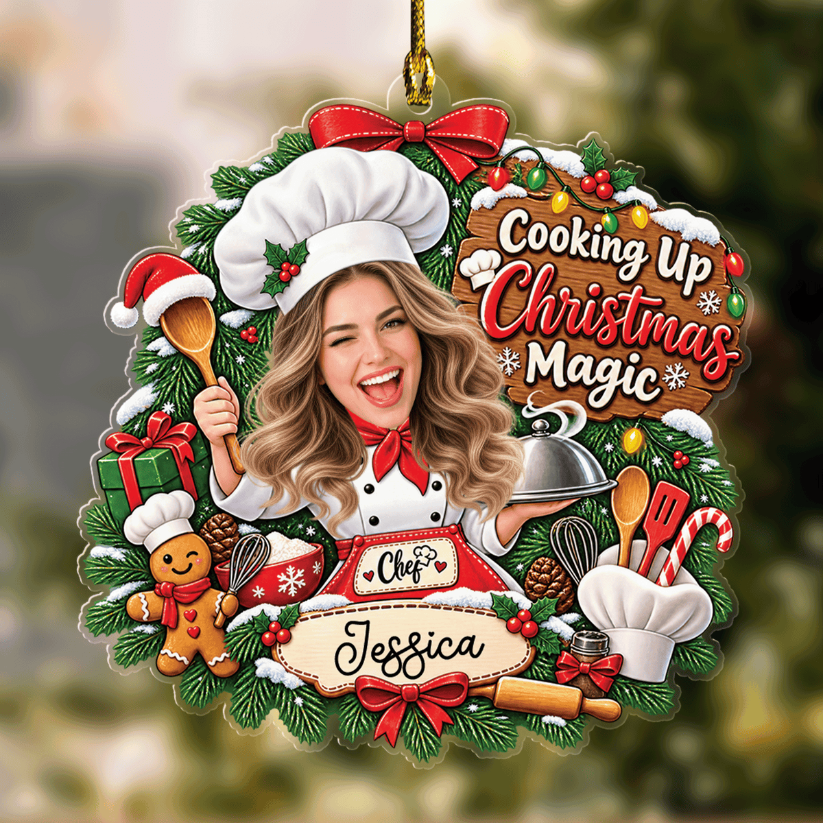 Personalized Cooking Up Christmas Magic Female Chef Photo Acrylic Ornament, Custom Name Kitchen Baker Cook Woman Xmas Tree Hanging Decor Keepsake, Culinary Holiday Gift