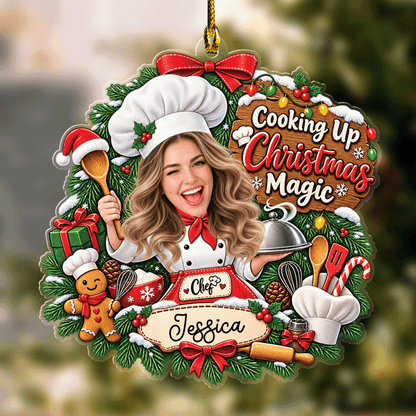Personalized Cooking Up Christmas Magic Female Chef Photo Acrylic Ornament, Custom Name Kitchen Baker Cook Woman Xmas Tree Hanging Decor Keepsake, Culinary Holiday Gift