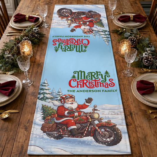 Light blue table runner with Merry Christmas, custom family name and Santa riding a red motorcycle through snow
