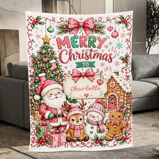 Personalized Merry Christmas Blanket, Custom Name Holiday Fleece Blanket, Santa Reindeer Snowman Gingerbread House Cozy Xmas Throw Keepsake Gift