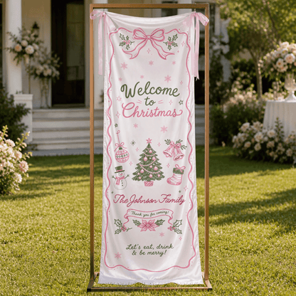 Custom Pink Ribbon Christmas Tree Fabric Welcome Banner, Personalized Family Name Holiday Entrance Hanging Sign with Ribbon Ties, Pink & Green Coquette Christmas Party Decor