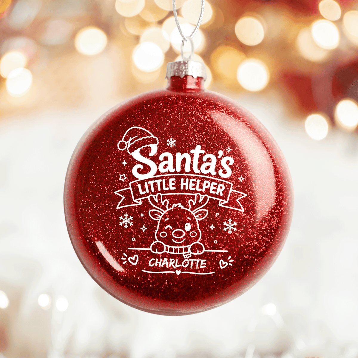 Personalized Name Santa's Little Helper Red Glitter Ball Ornament, Double-Sided Shatterproof Plastic Reindeer Bauble