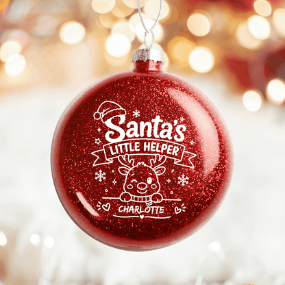 Personalized Name Santa's Little Helper Red Glitter Ball Ornament, Double-Sided Shatterproof Plastic Reindeer Bauble