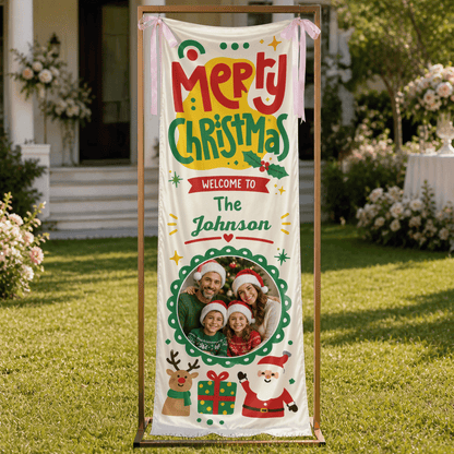 Custom Photo Cartoon Santa Reindeer Christmas Fabric Welcome Banner, Personalized Family Name Holiday Entrance Hanging Sign with Ribbon Ties, Cute Kids Festive Party Decor