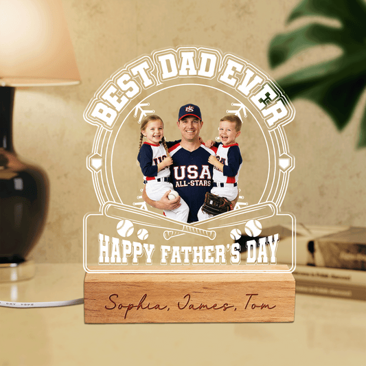 Personalized Best Dad Ever Baseball Night Light – Custom Photo LED Acrylic Lamp Gift for Dad