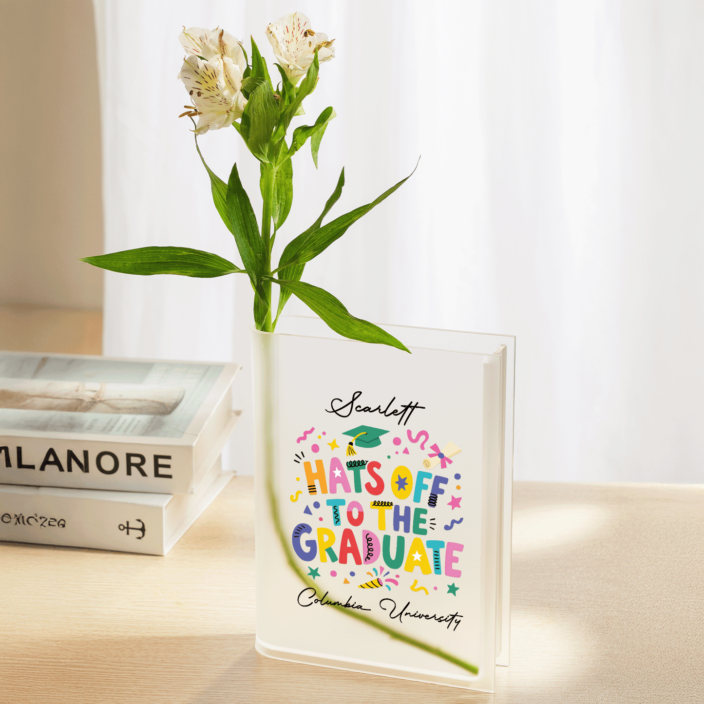Personalized Hats Off to the Graduate Acrylic Book Vase with Custom Name