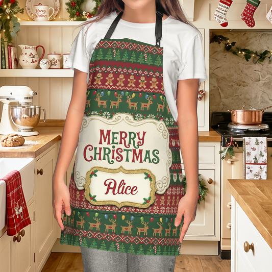 Woman wearing a red and green ugly sweater style Merry Christmas apron with custom name plaque