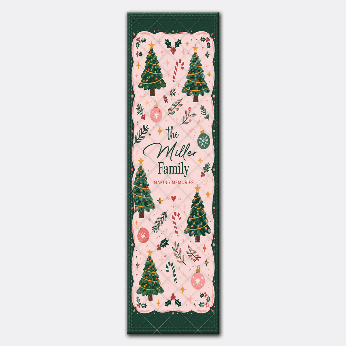 Personalized Pink Christmas Trees Quilt Table Runner, Custom Family Name Making Memories Quilted Holiday Table Runner & Dining Decor