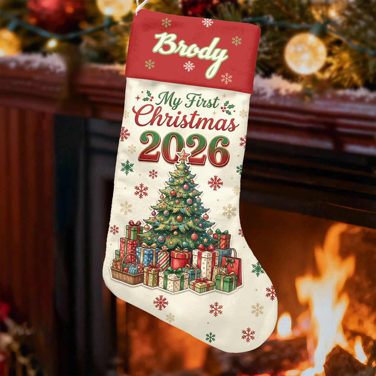 My First Christmas 2026 custom name stocking with tree and presents hanging by a fireplace