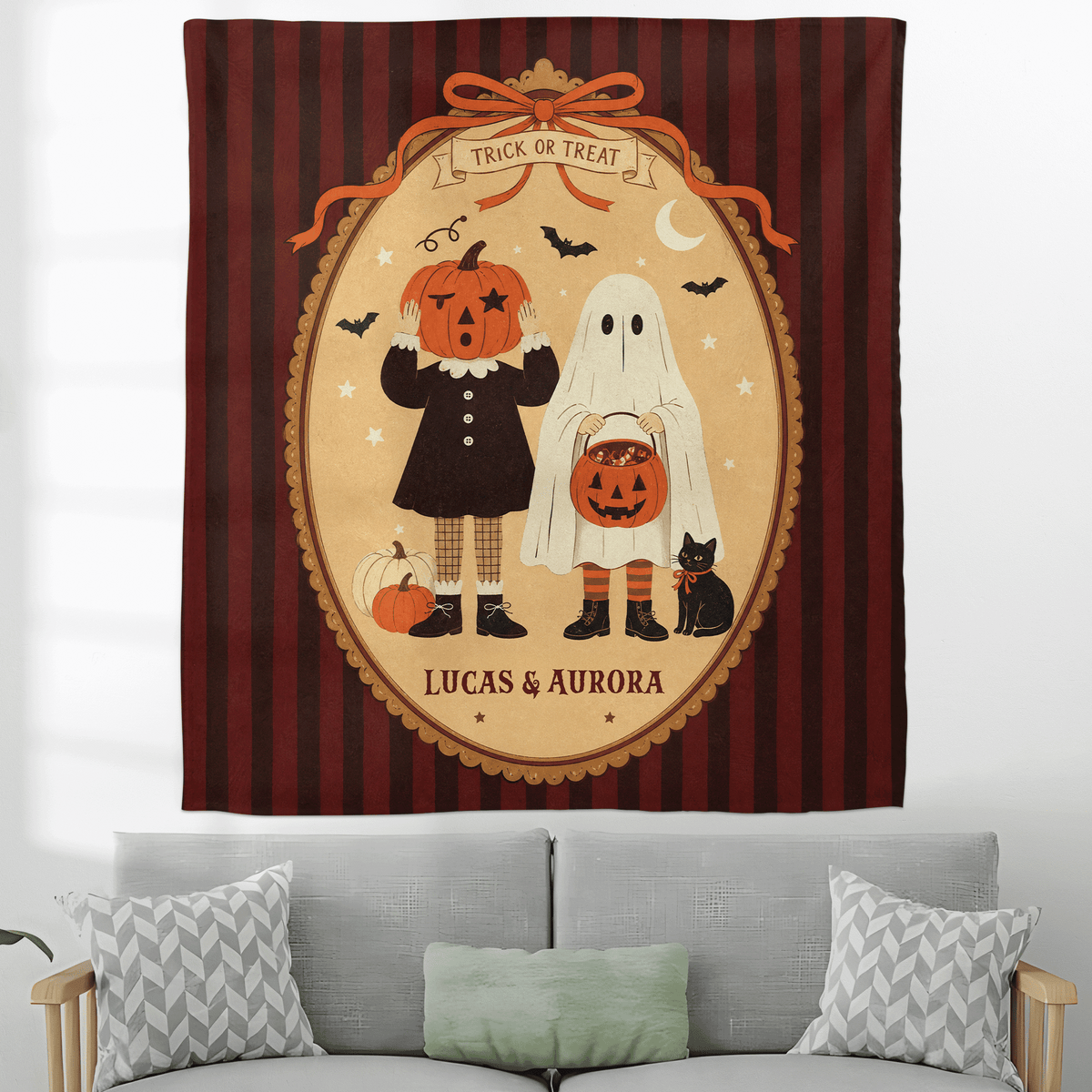 Personalized Vintage Halloween Pumpkin Head Ghost Trick Or Treat Tapestry Wall Hanging Custom Name Seasonal Backdrop