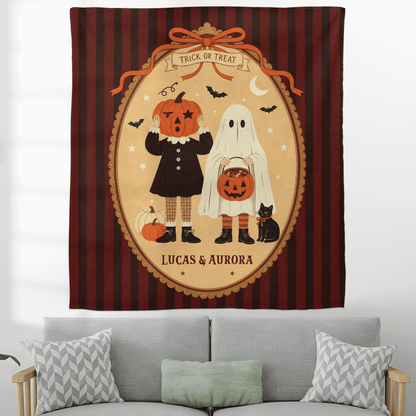 Personalized Vintage Halloween Pumpkin Head Ghost Trick Or Treat Tapestry Wall Hanging Custom Name Seasonal Backdrop