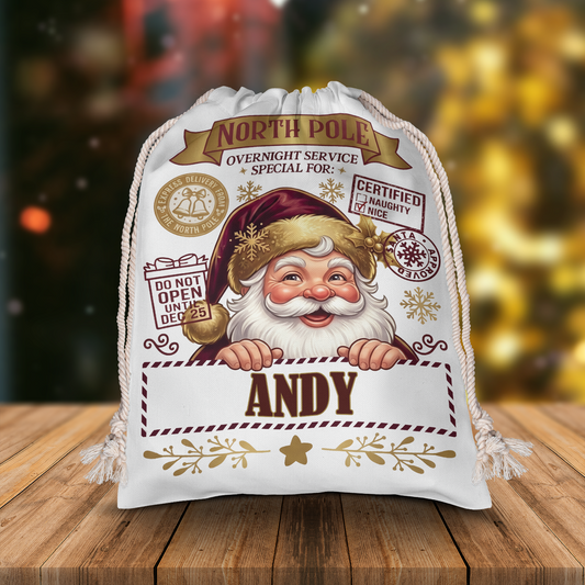 Personalized North Pole Santa Claus Christmas Sack, Custom Name Santa Gift Bag