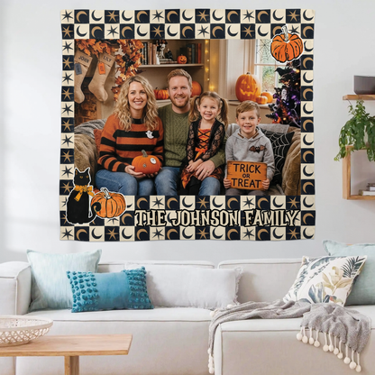 Personalized Halloween Celestial Moon Star Photo Tapestry, Custom Family Photo Name Wall Hanging Decor, Spooky Black Cat Pumpkin Party Backdrop