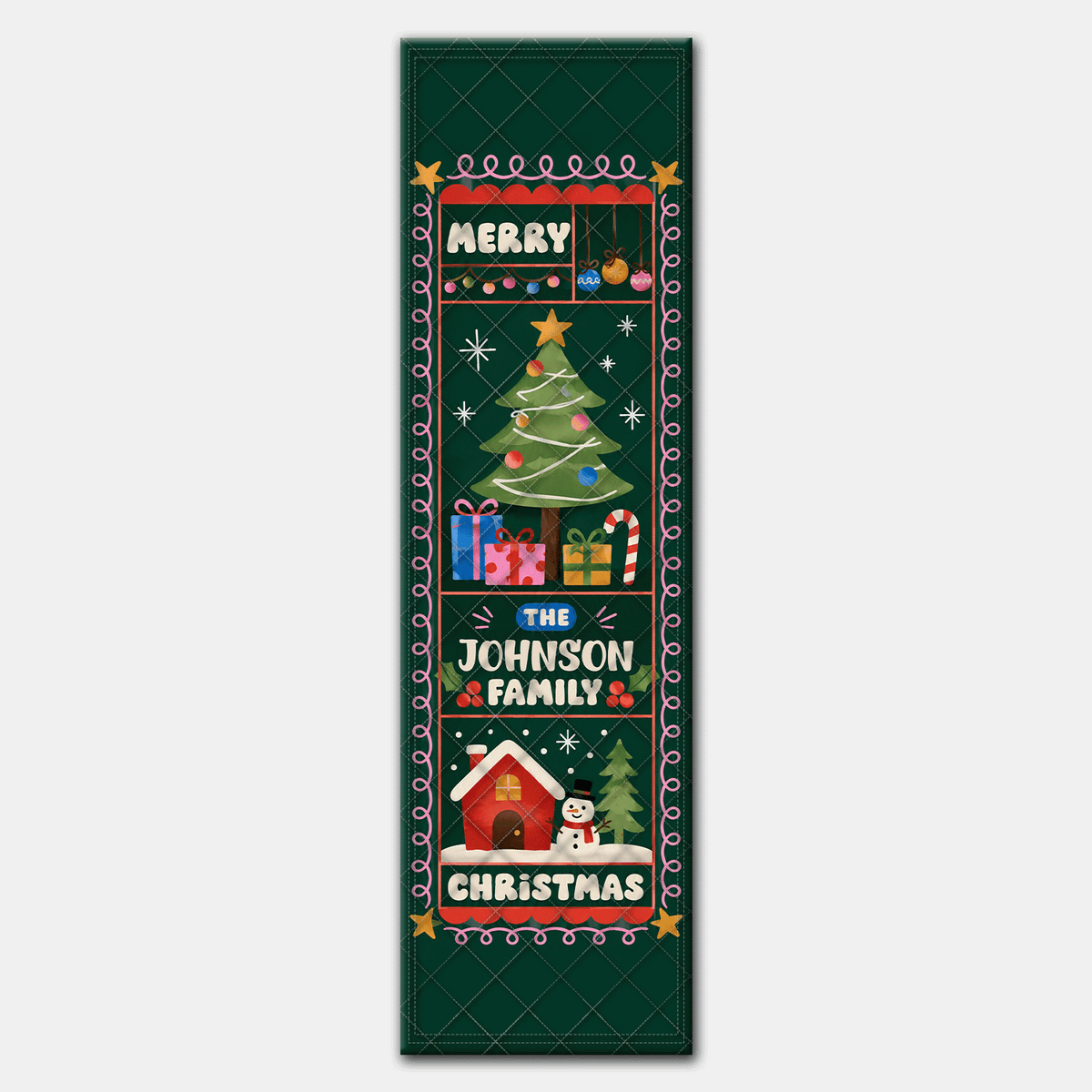 Personalized Family Name Christmas Quilt Table Runner, Custom Holiday Tree & House Quilted Table Runner Decor, Farmhouse Festive Xmas Dining Room Table Topper
