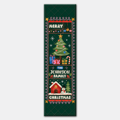Personalized Family Name Christmas Quilt Table Runner, Custom Holiday Tree & House Quilted Table Runner Decor, Farmhouse Festive Xmas Dining Room Table Topper