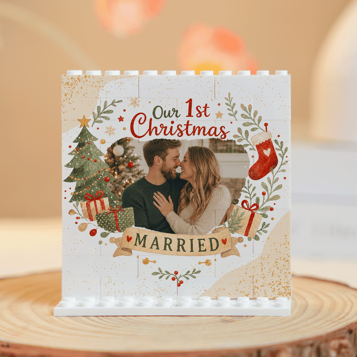 Personalized Photo Christmas Building Block in Cream White, Custom Couple First Christmas Married Photo Watercolor Wreath & Gold Stars Brick Puzzle Keepsake Decor, Holiday Gift for Newlyweds