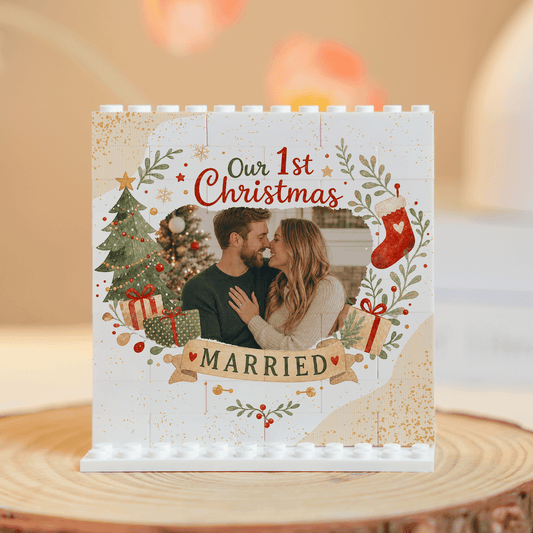 Personalized Photo Christmas Building Block in Cream White, Custom Couple First Christmas Married Photo Watercolor Wreath & Gold Stars Brick Puzzle Keepsake Decor, Holiday Gift for Newlyweds